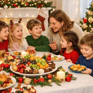 La imagen muestra una mesa festiva decorada con un mantel blanco adornos navideos y una variedad de platos coloridos En el centro hay una bandeja con